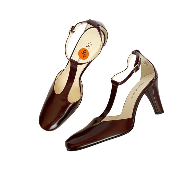 NEW Anne Klein Maroon Brown Leather T-Strap Heels Shoes Classic Size 9.5 - Picture 3 of 14